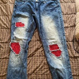 Red Denim Bando Patch Jeans  - Highly Addictive Jeans